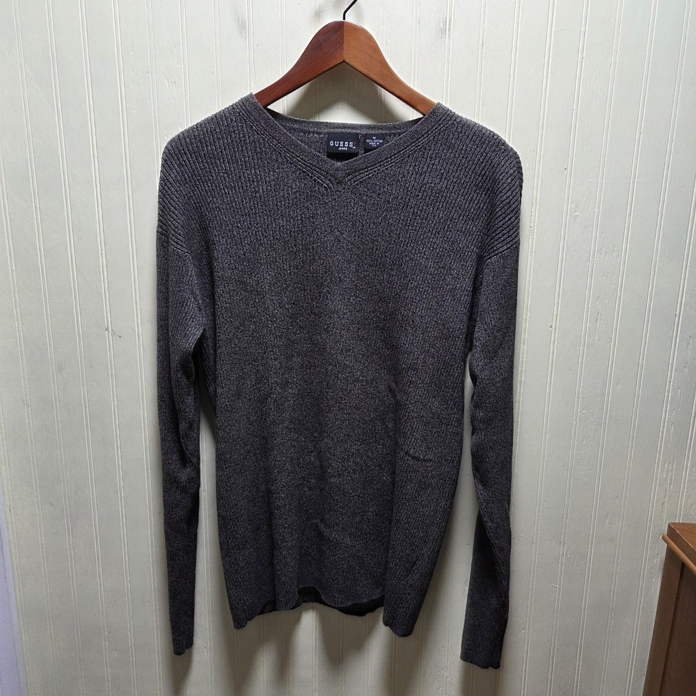 Guess Jeans Sweater Mens Medium Gray 100% Cotton V Neck Knit‎ Pullover Casual